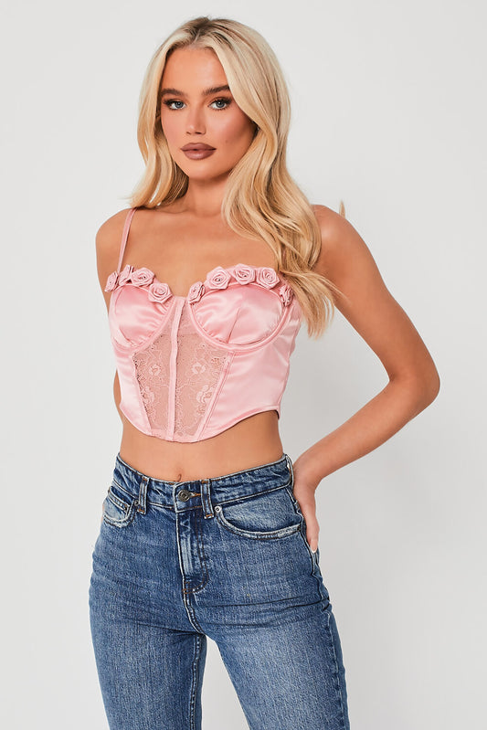 Floral Applique Lace Detail Crop Top Pink