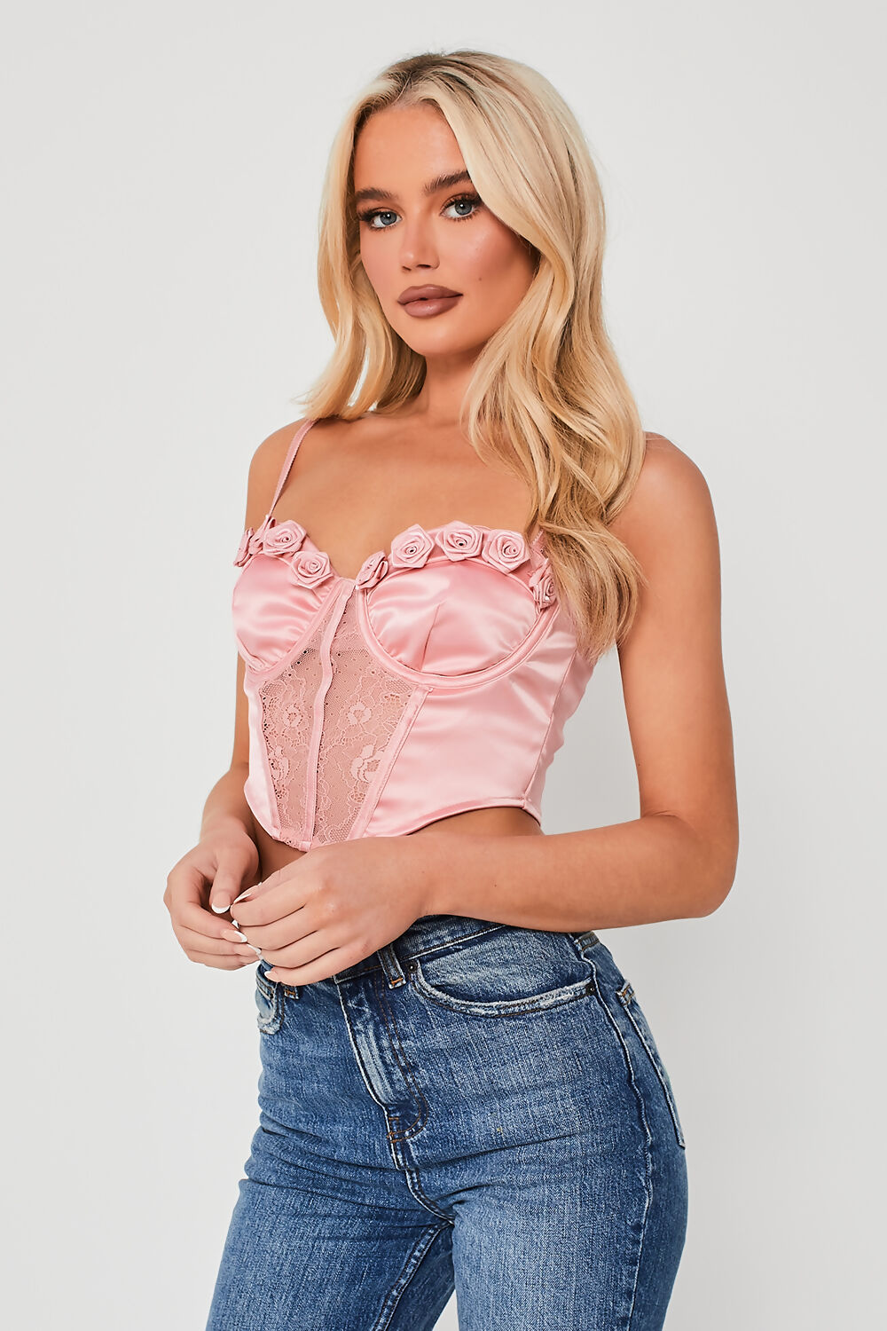 Floral Applique Lace Detail Crop Top Pink