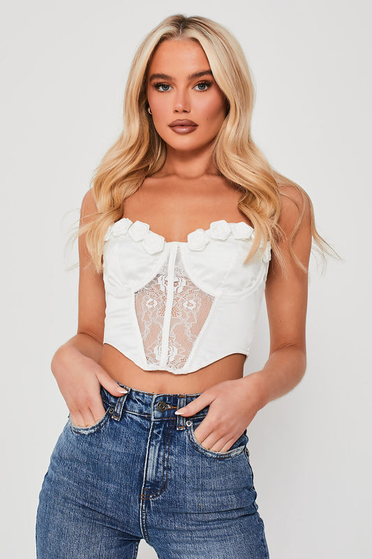 Floral Applique Lace Detail Crop Top Ivory