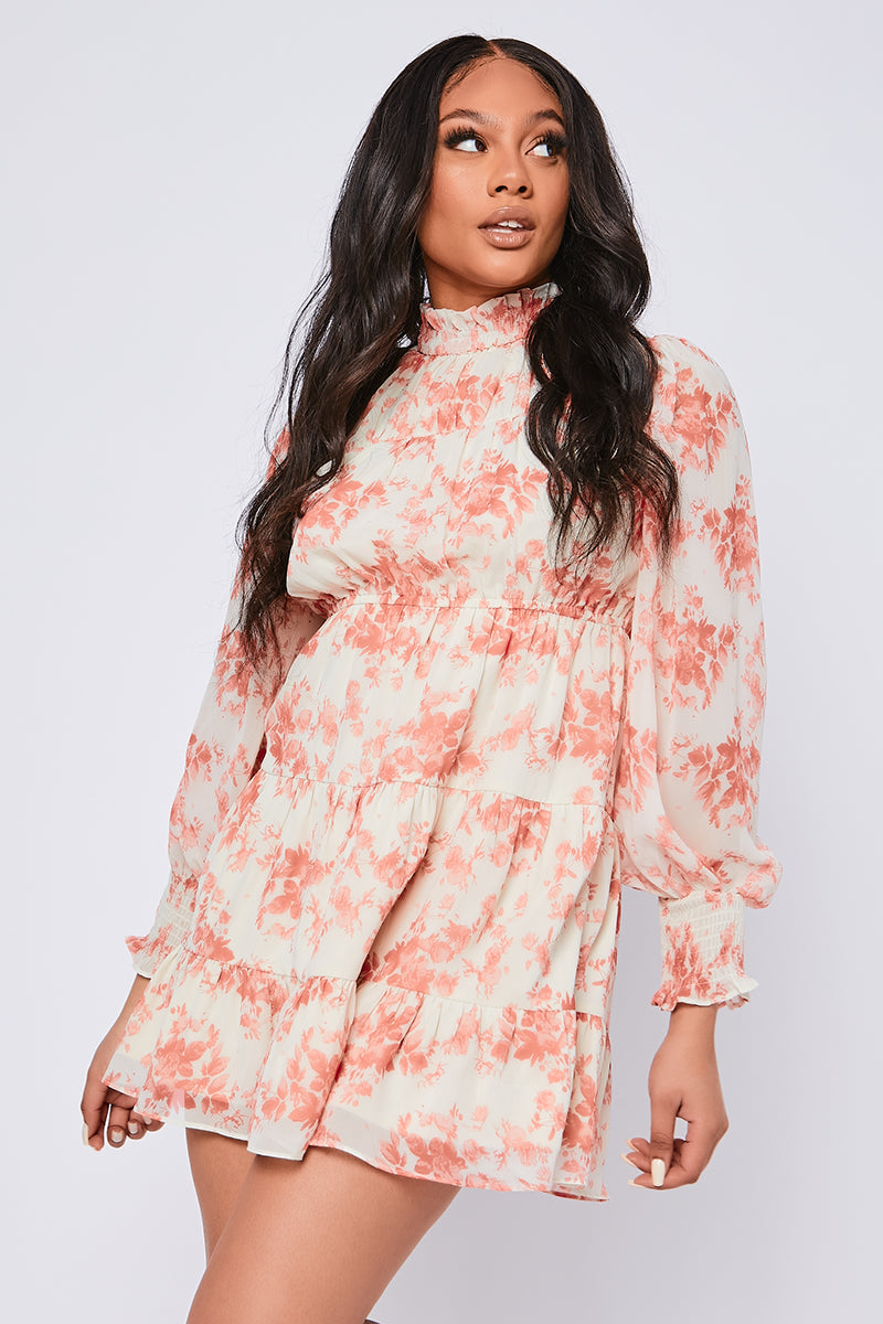 Cream Floral Print Chiffon High Neck Swing Dress