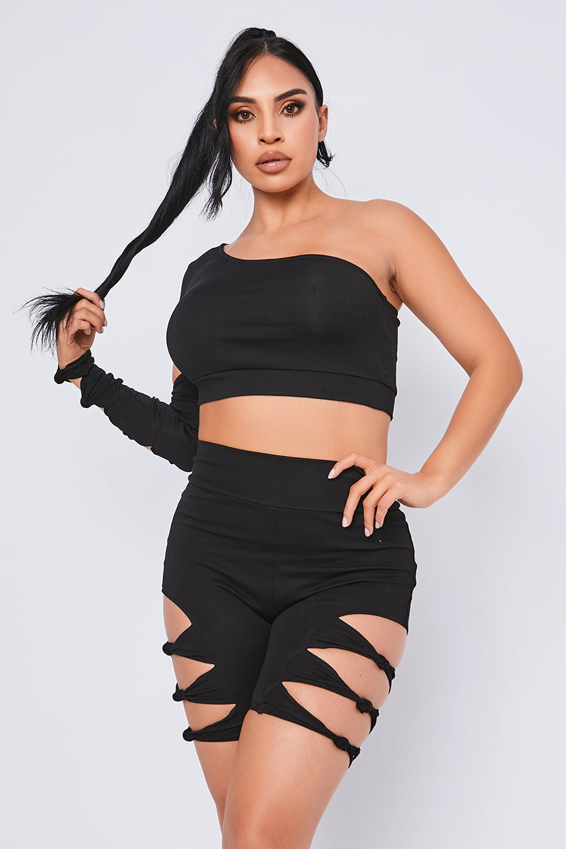 Knot Sleeve One Shoulder Crop Top Black