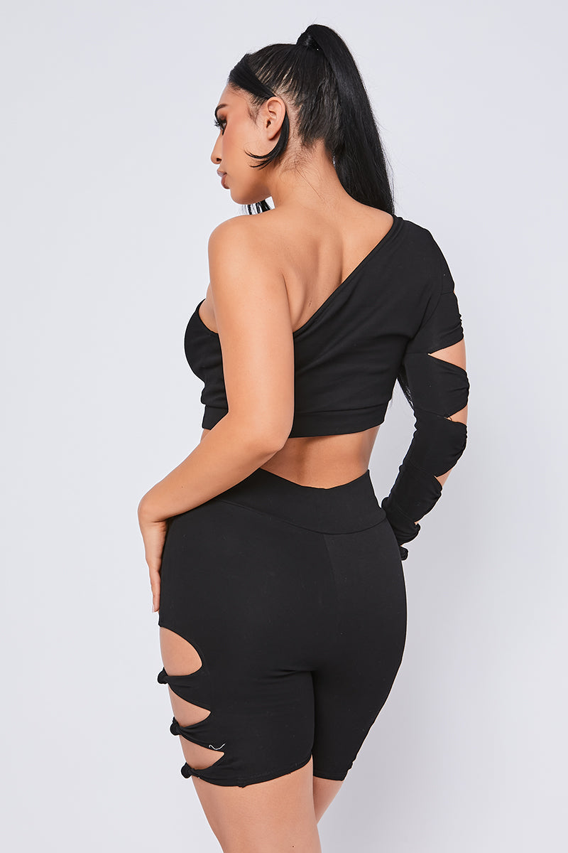 Knot Sleeve One Shoulder Crop Top Black