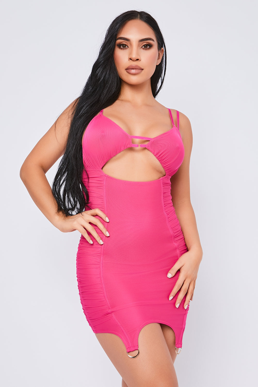 Powermesh Garter Hem Mini Dress Hot Pink