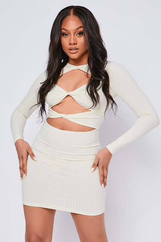 Twist Front Cut Out Ribbed Bodycon Dress Ecru