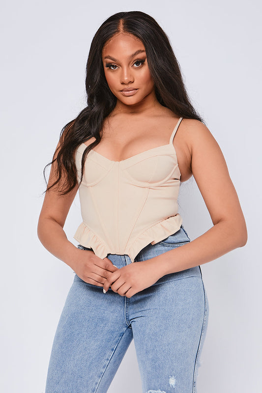 Stretch Crepe Underwired Frill Corset Top Nude