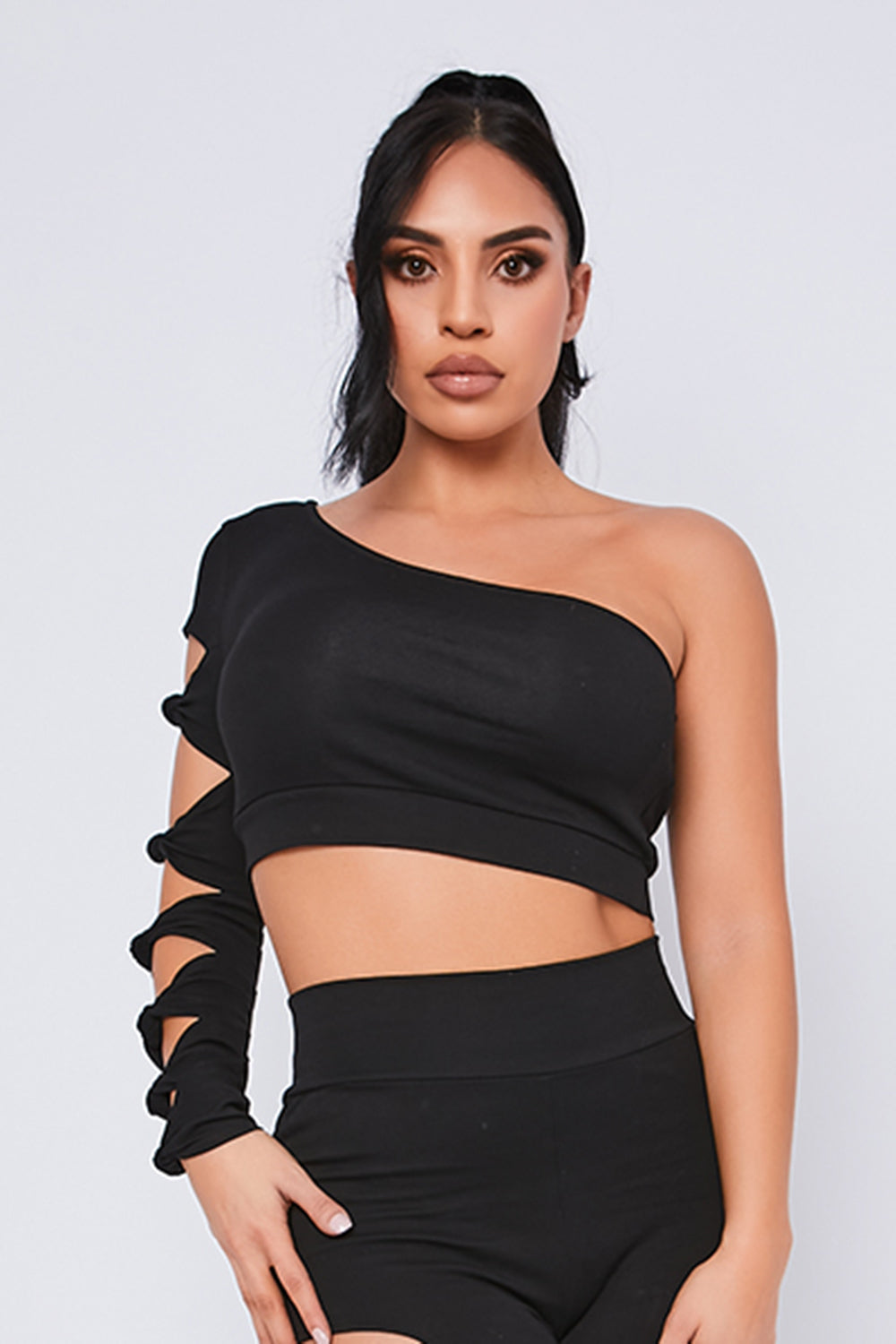 Knot Sleeve One Shoulder Crop Top Black