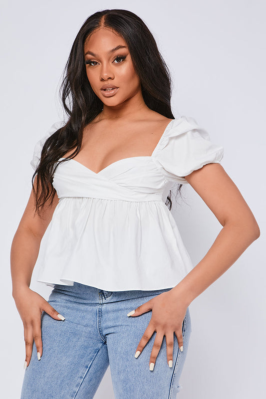 White Cotton Poplin Ruched Puff Sleeve Top