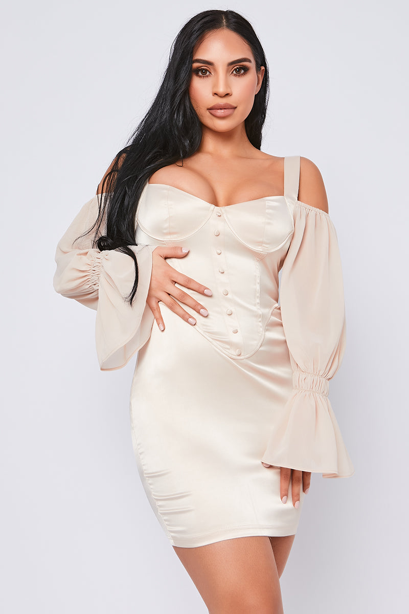 Satin Corset Mini Dress With Chiffon Puff Sleeves Champagne