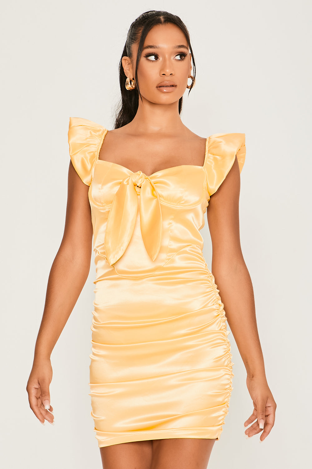 Satin Tie Front Corset Mini Dress With Puff Sleeves Yellow