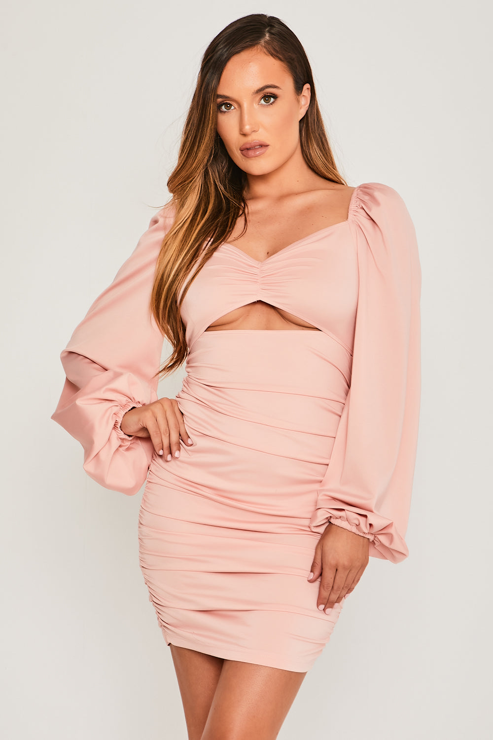 Long Puff Sleeve Ruched Cut Out Detailed Mini Dress Pink