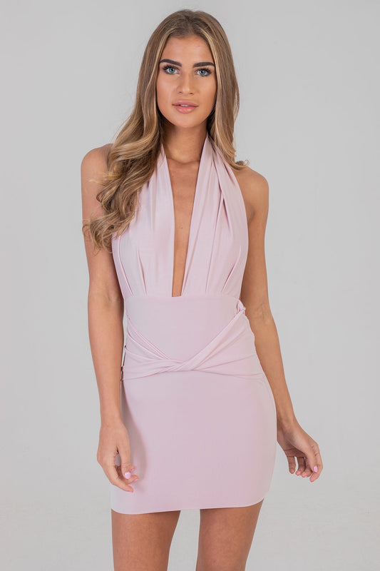 Halterneck Twist Waist Bodycon Dress Rose Pink