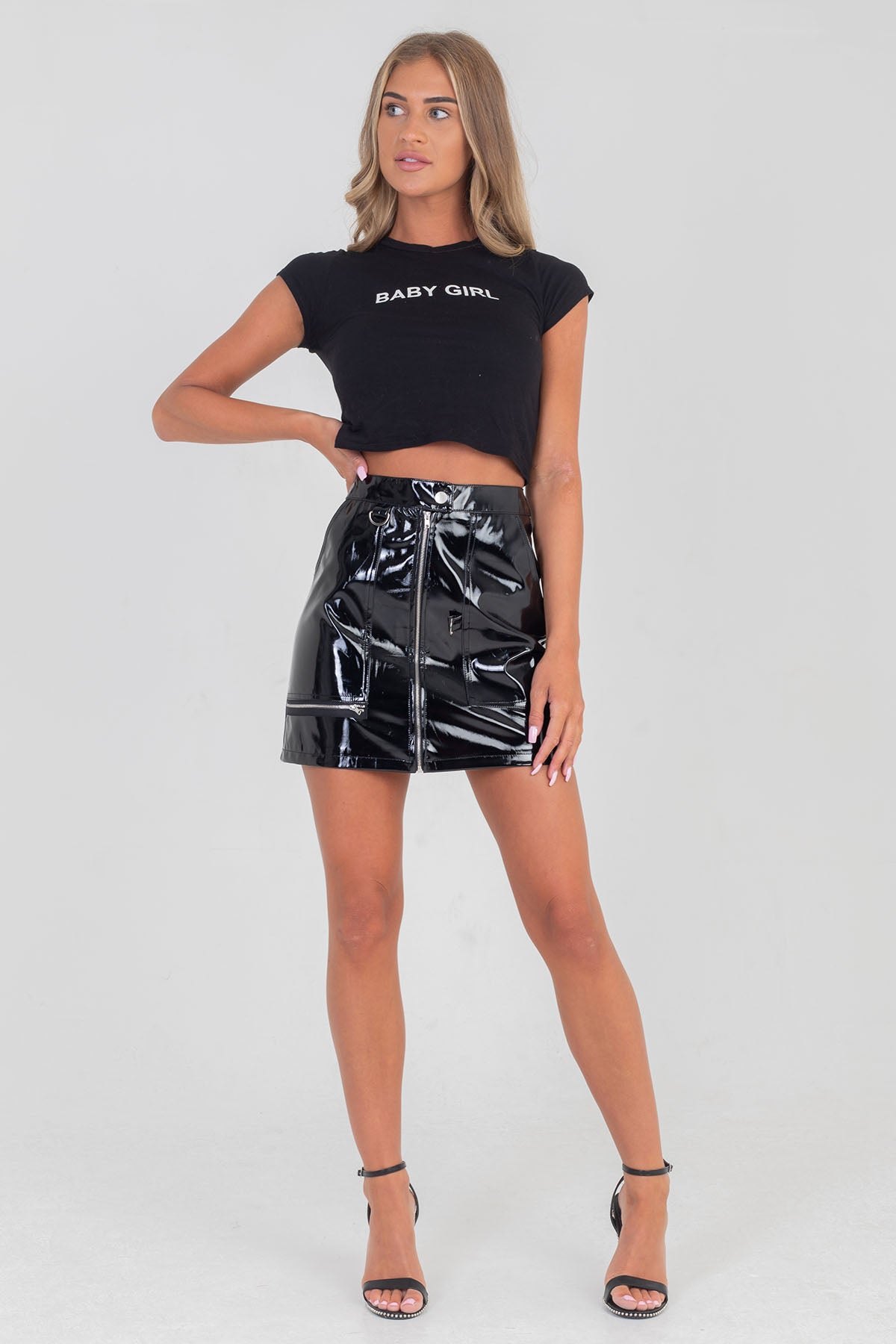 Central Zip Detailed High Shine Pu Skirt Black