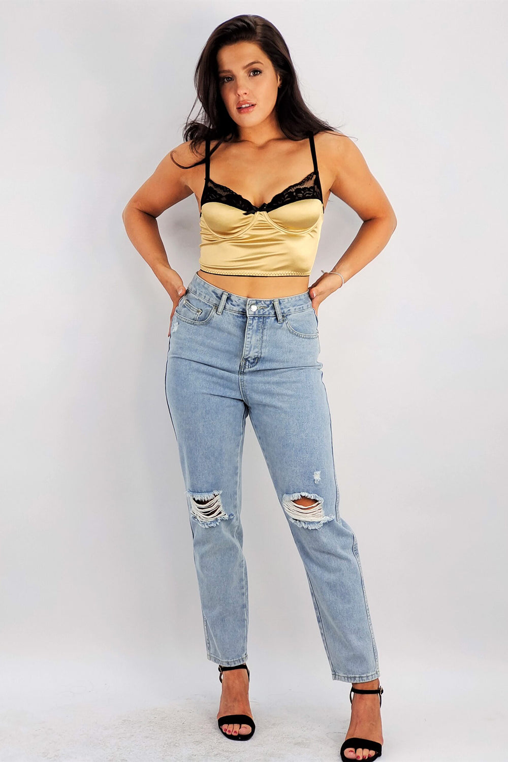 Satin Lace Trim Crop Top Gold