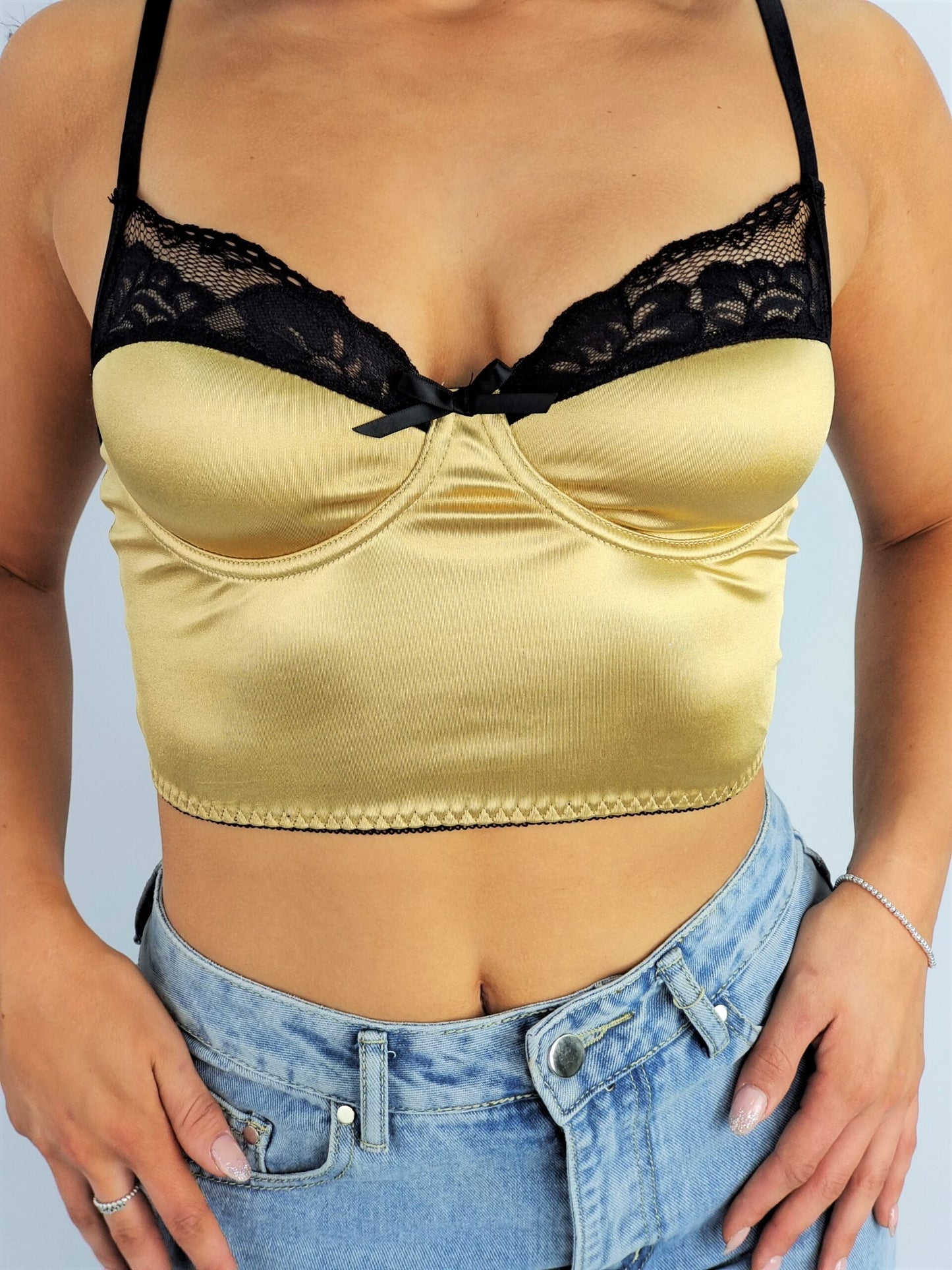 Satin Lace Trim Crop Top Gold