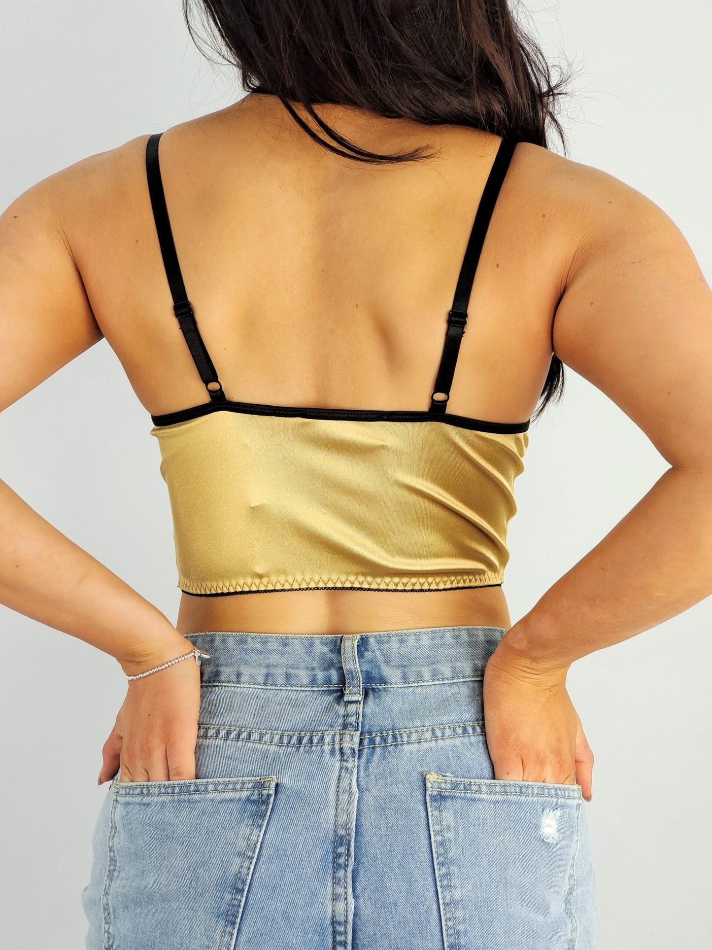 Satin Lace Trim Crop Top Gold