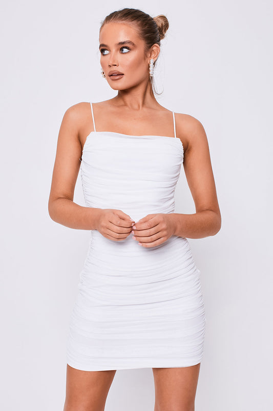 Square Neck Strappy Ruched Mini Dress White