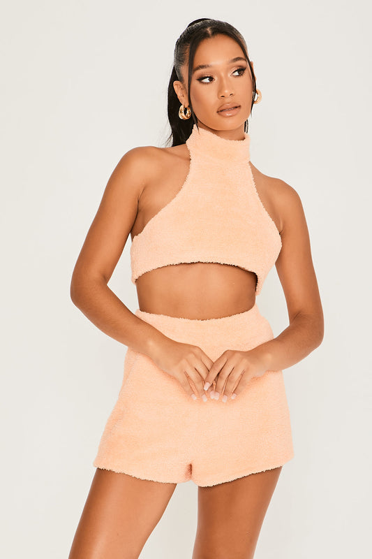 Fluffy Cropped High Neck Bralette Coral