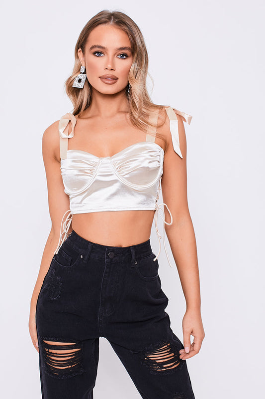 Tie Shoulder Laced Side Ruched Bust Crop Top Champagne