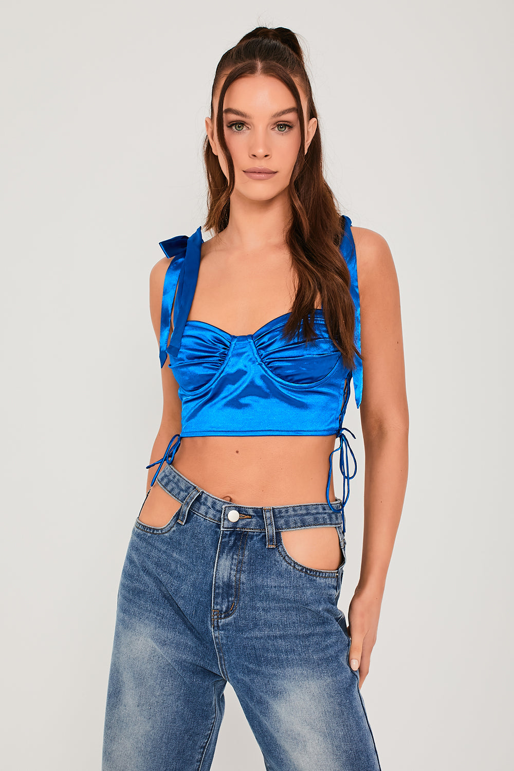 Tie Shoulder Laced Side Ruched Bust Crop Top Cobalt