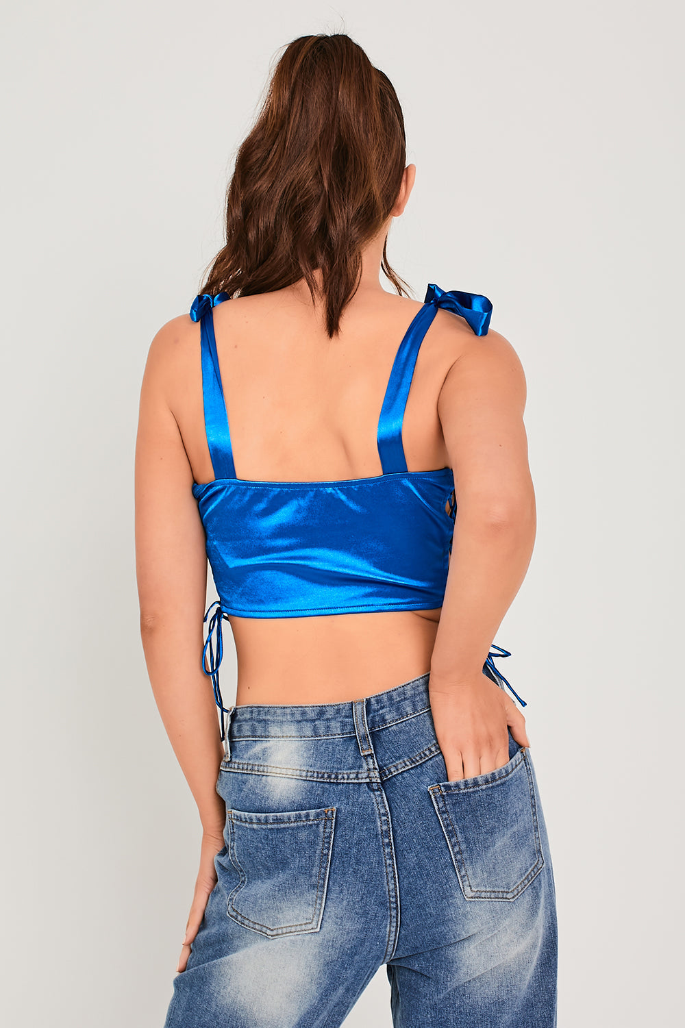 Tie Shoulder Laced Side Ruched Bust Crop Top Cobalt