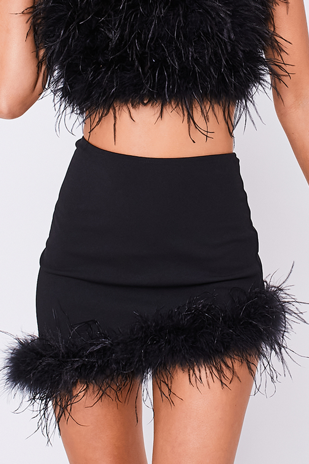 High Waisted Feather Trim Asymmetric Mini Skirt Black