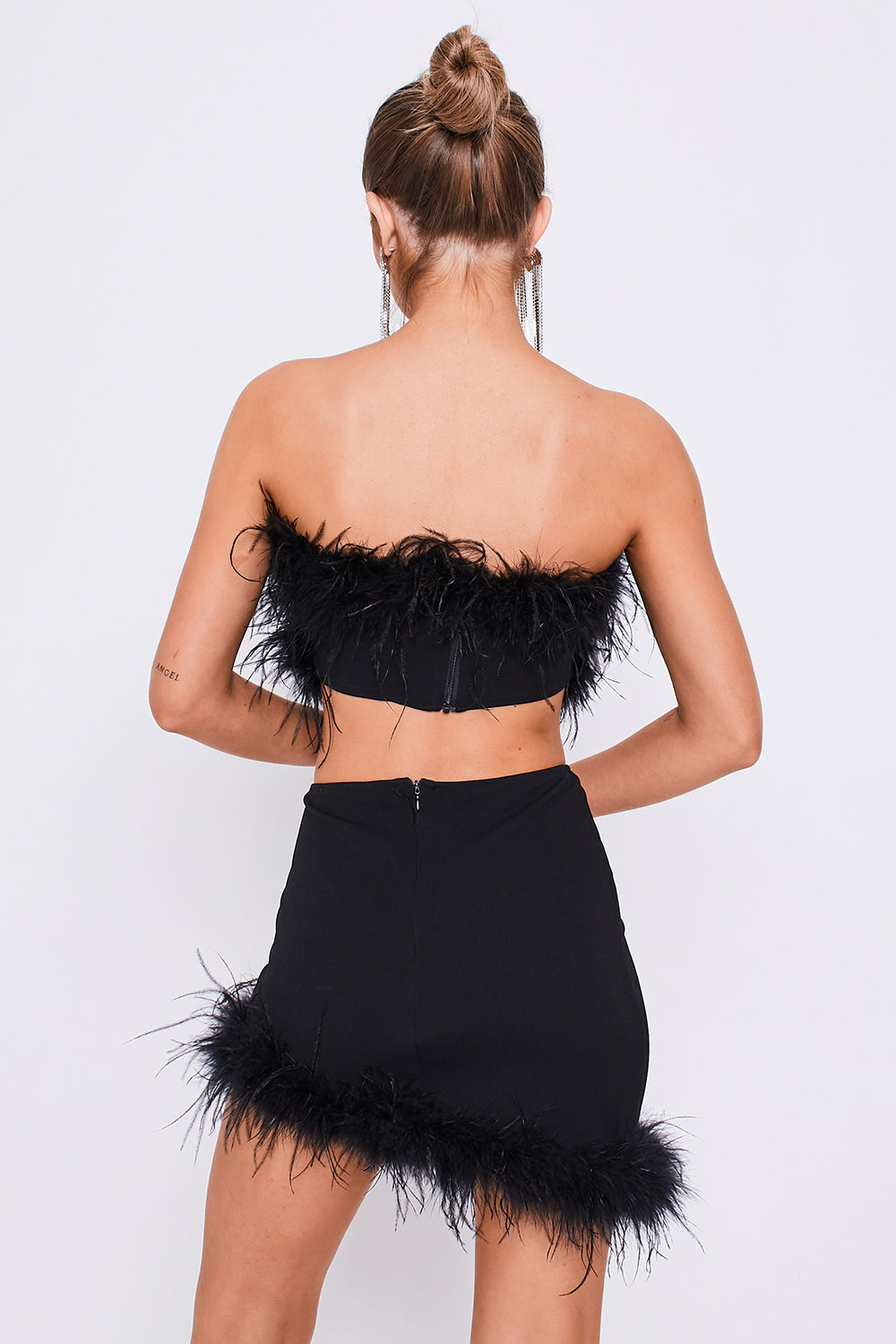 High Waisted Feather Trim Asymmetric Mini Skirt Black