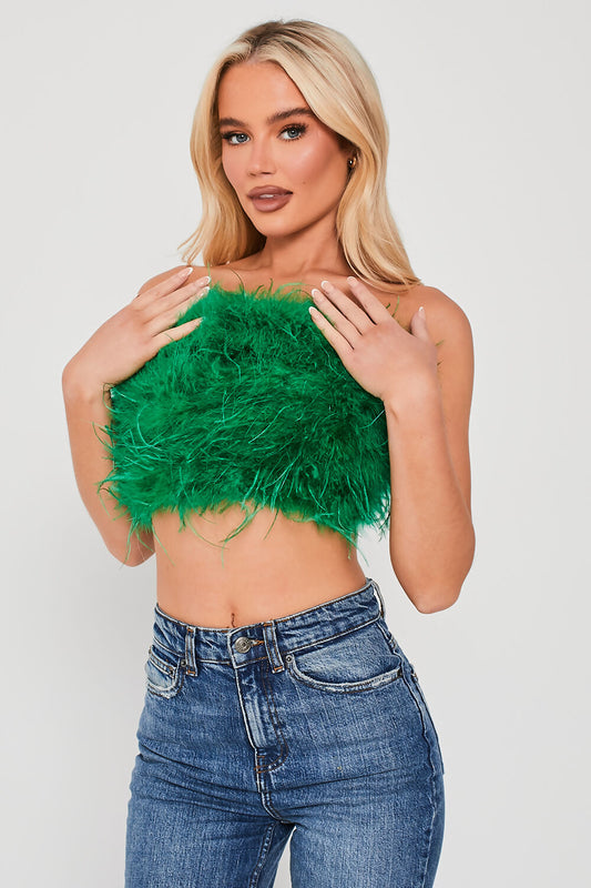 Strapless Feather Crop Top Green