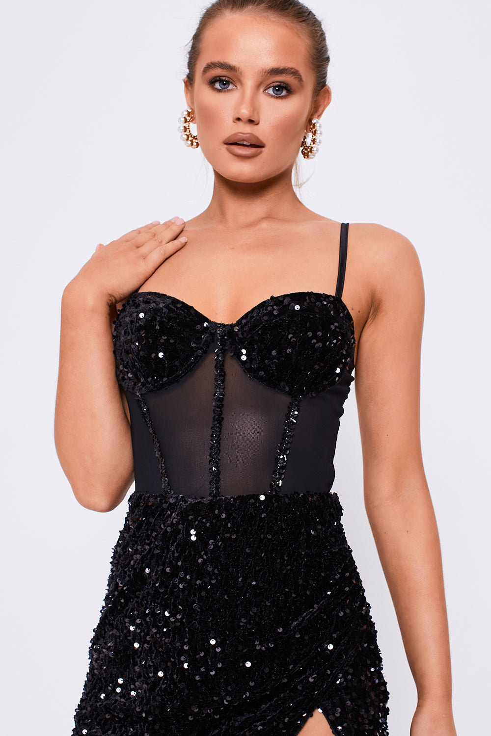 Mesh Insert Bustier Wrap Detail Sequin Dress Black