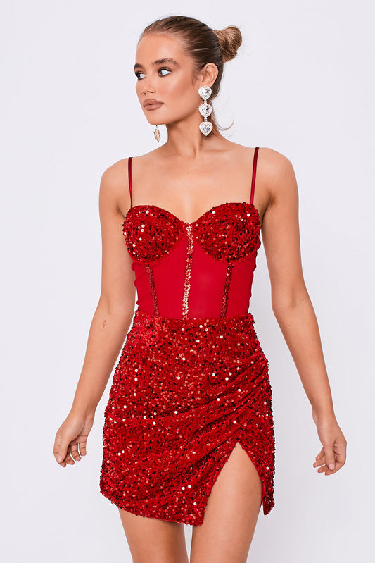 Mesh Insert Bustier Wrap Detail Sequin Dress Red