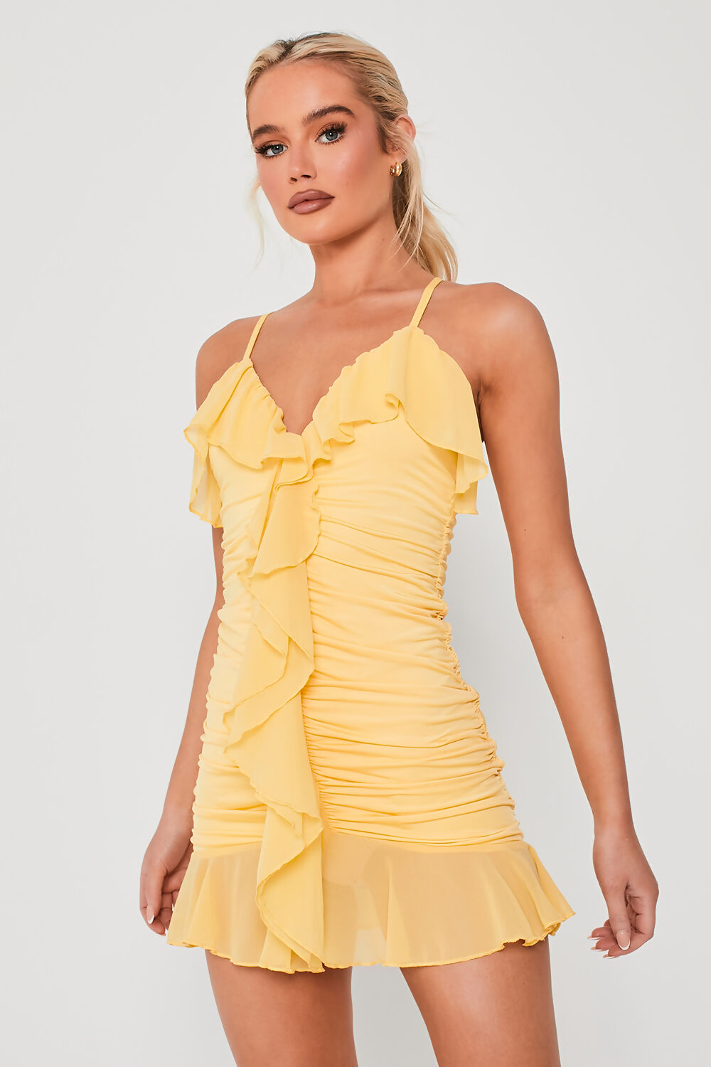 Frill Detail Ruched Mini Dress Yellow