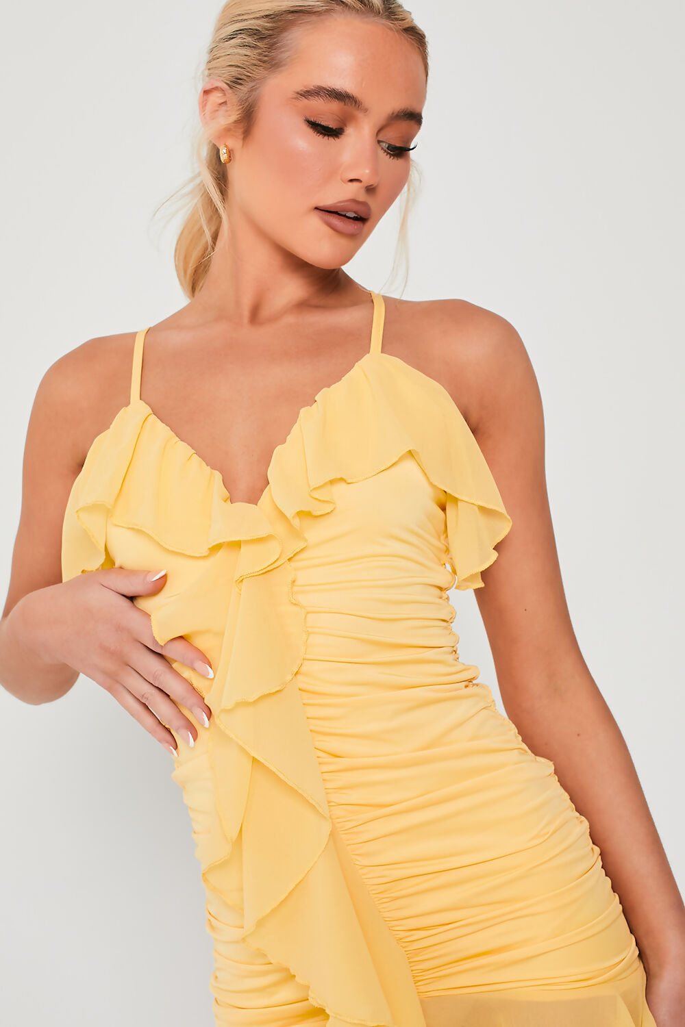 Frill Detail Ruched Mini Dress Yellow