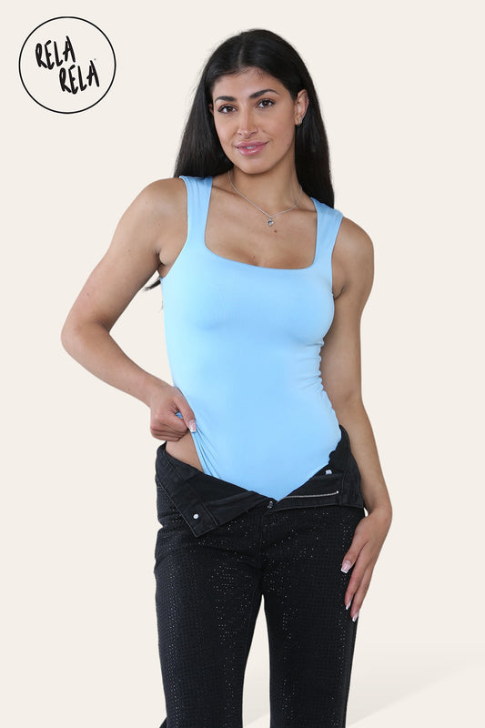 Premium Slinky Double Layered Square Neck Brazilian Bodysuit in Baby Blue