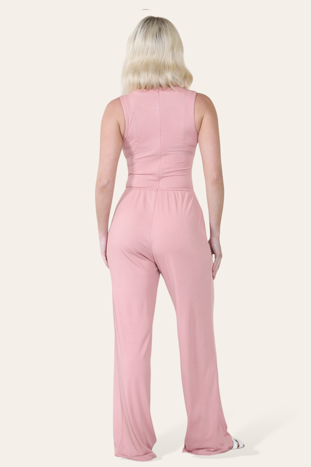 Solid Ribbed High Neck Wide Leg Sleeveless Jumpsuit in Rose Pink back