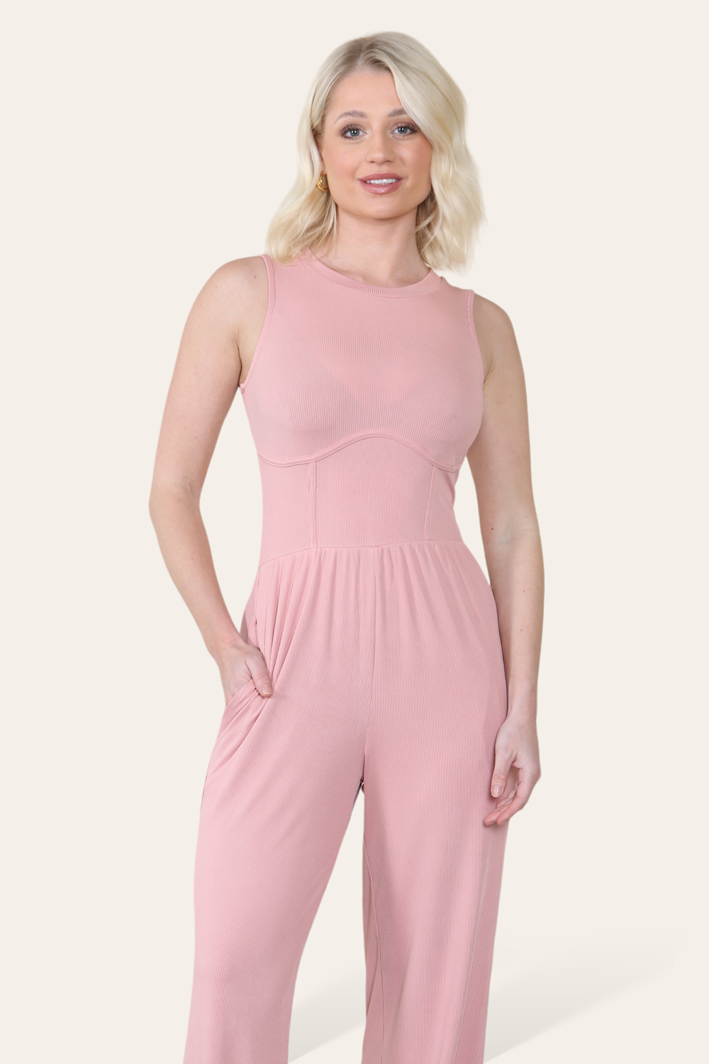 Solid Ribbed High Neck Wide Leg Sleeveless Jumpsuit in Rose Pink front