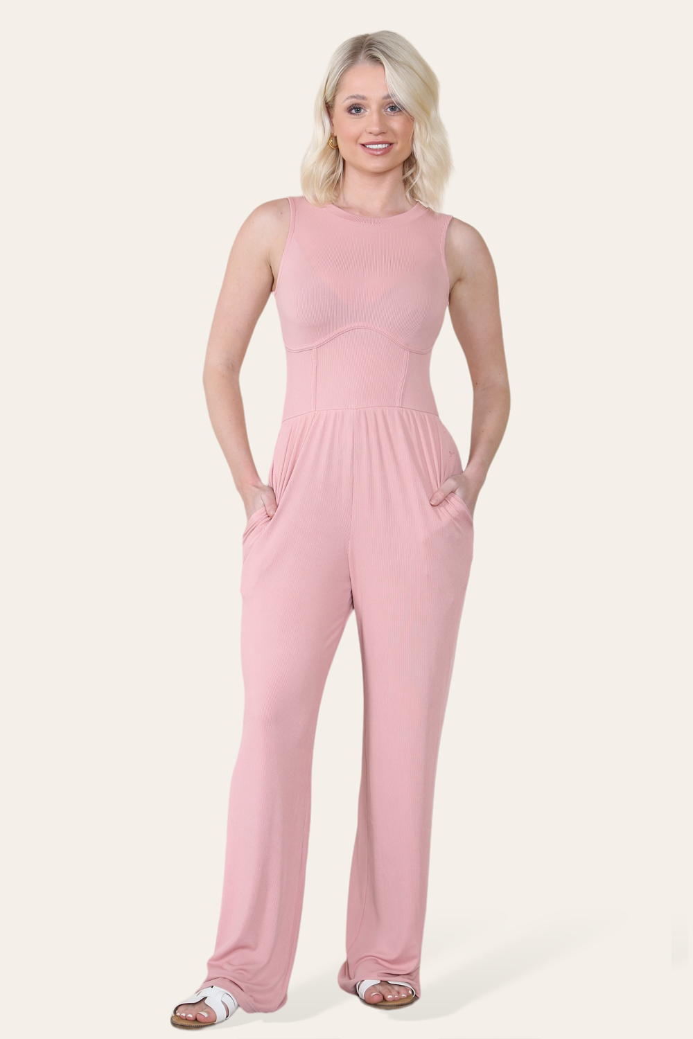 Solid Ribbed High Neck Wide Leg Sleeveless Jumpsuit in Rose Pink