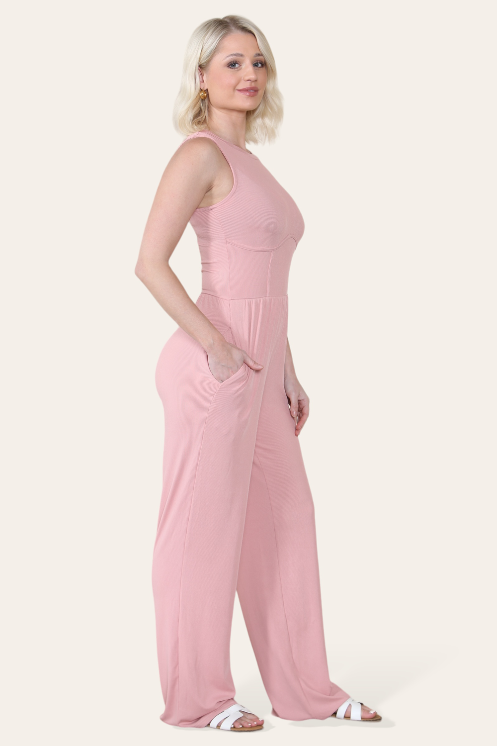 Solid Ribbed High Neck Wide Leg Sleeveless Jumpsuit in Rose Pink side