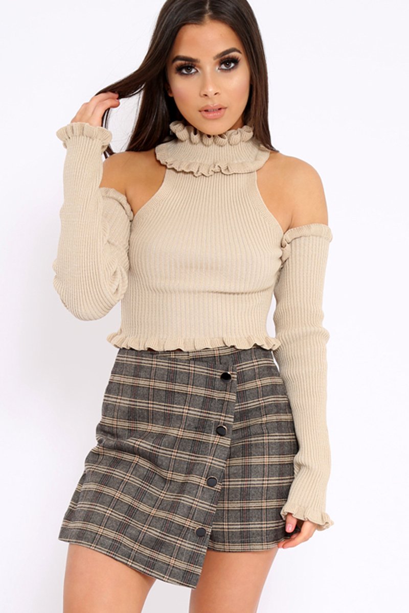 Check Gold Buttoned Skirt Brown