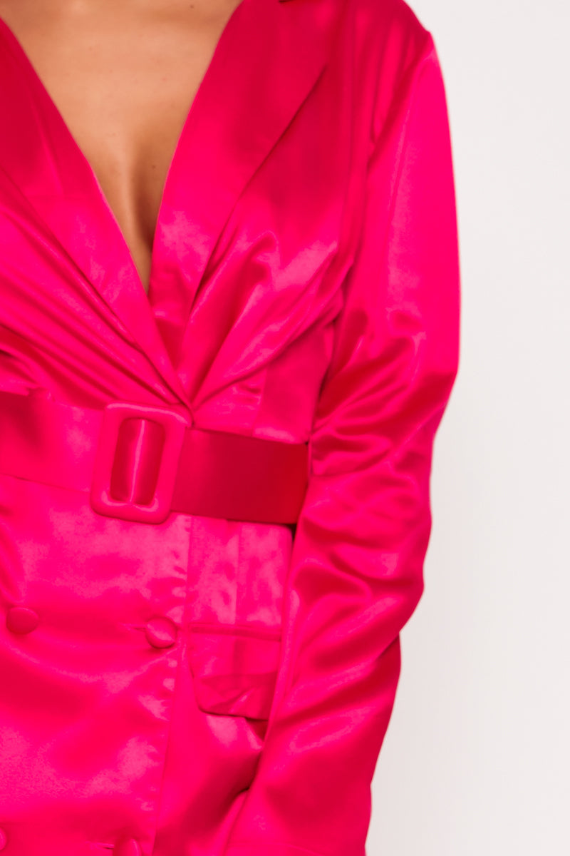 Tired Satin Blazer Dress Hot Pink