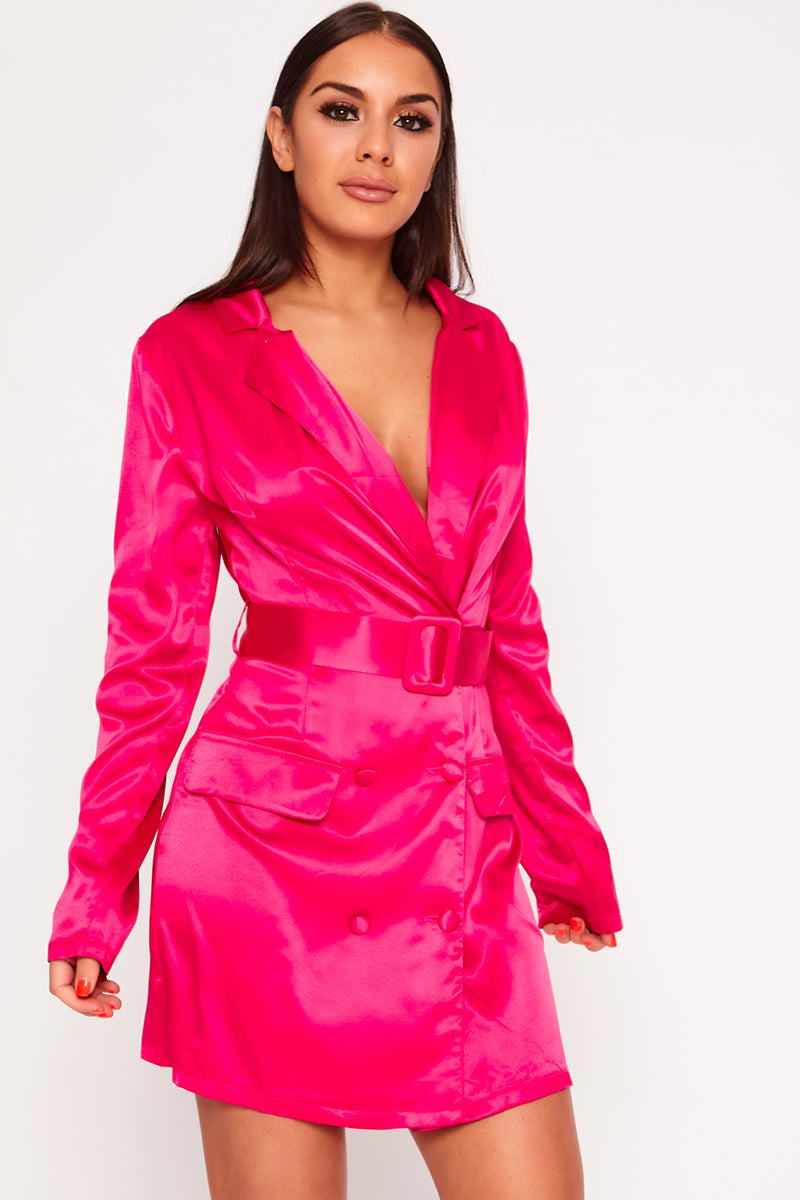 Tired Satin Blazer Dress Hot Pink