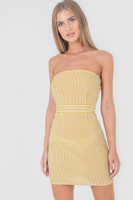 Stripe Strapless Dress In Mustard