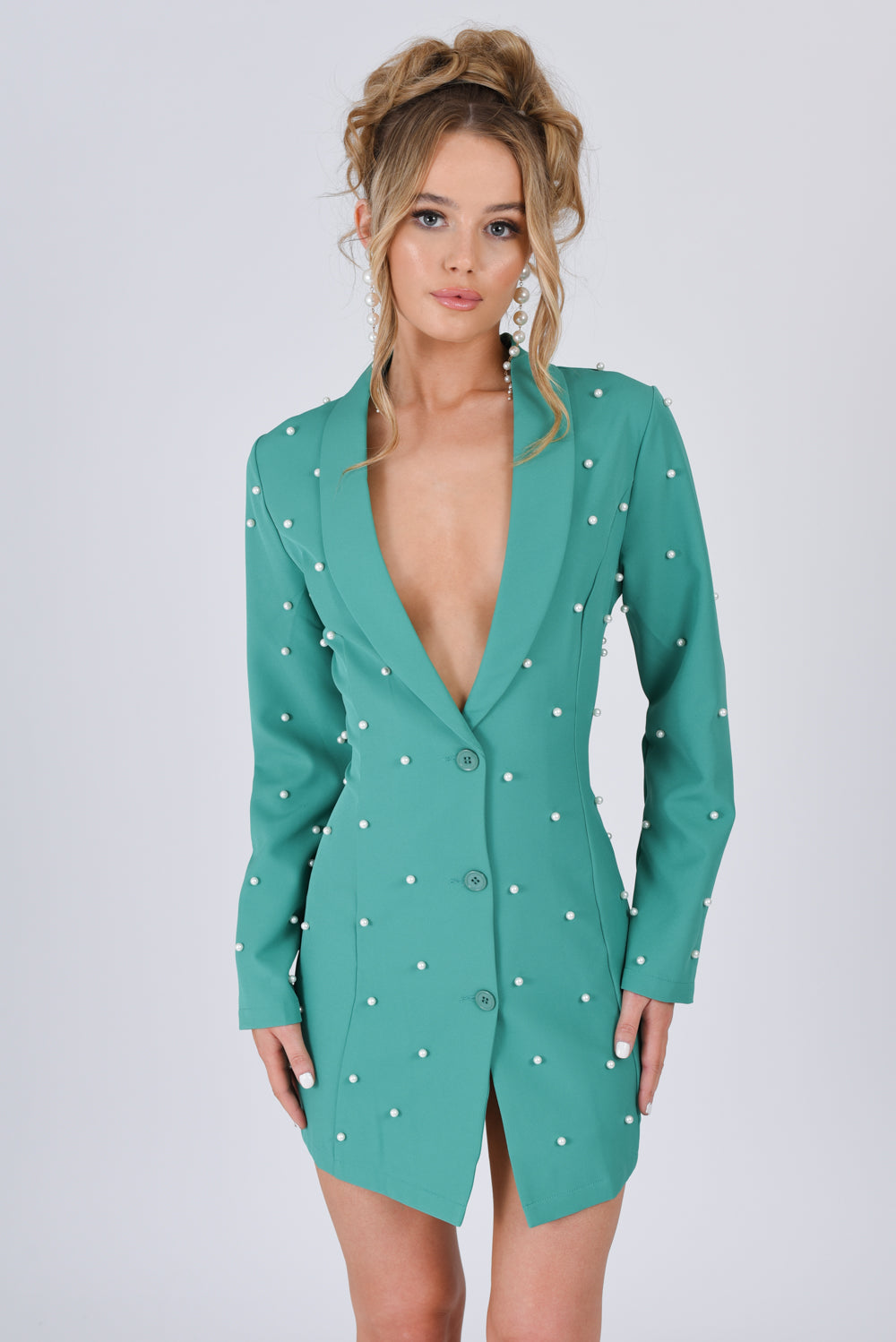 Pearl Embellished Tuxedo Collar Blazer Dress Green