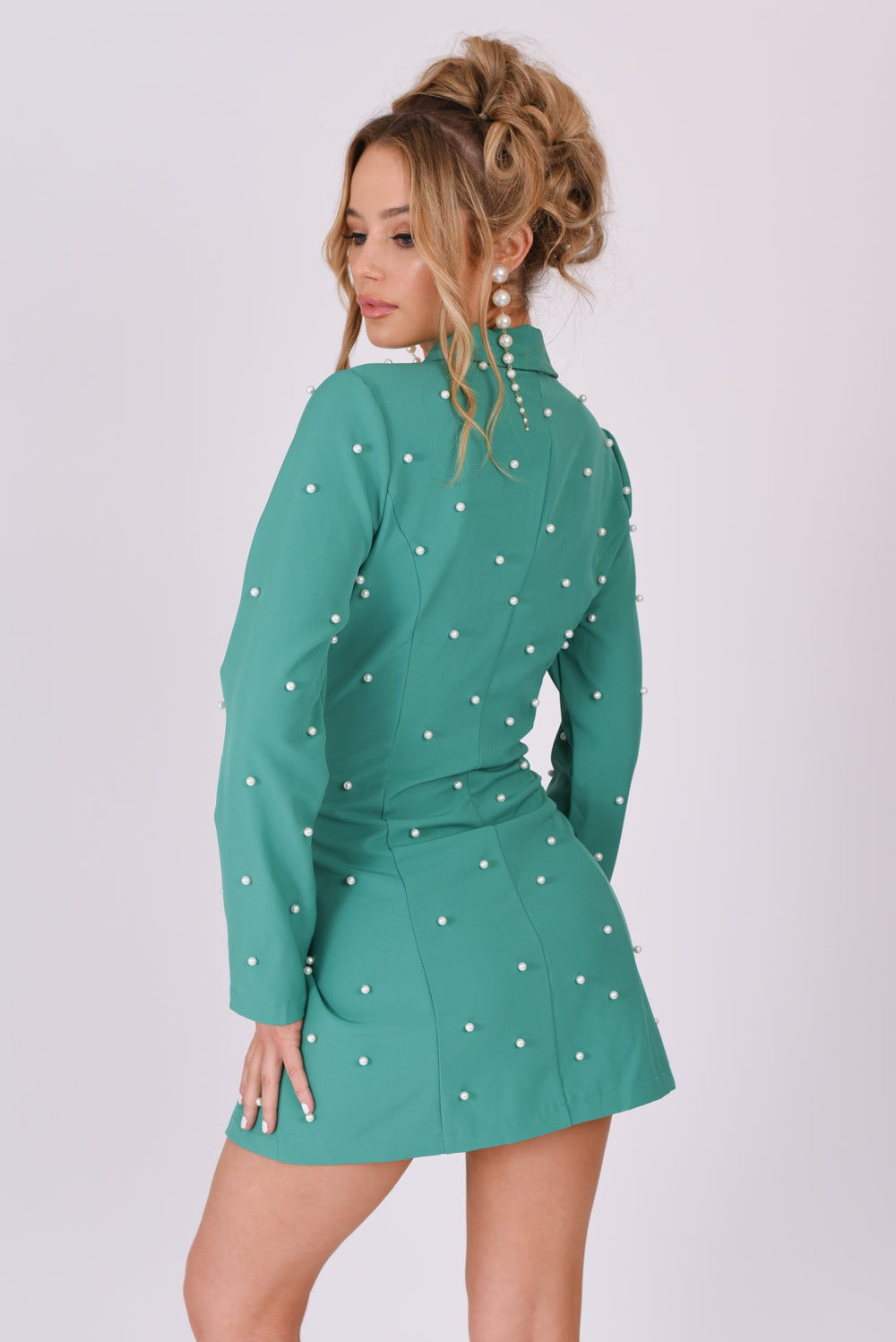 Pearl Embellished Tuxedo Collar Blazer Dress Green