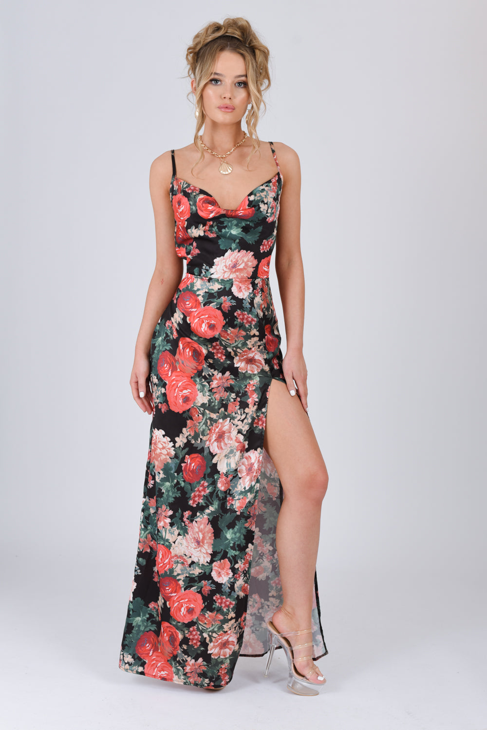 Floral Satin Cowl Neck Maxi Dress Black Floral