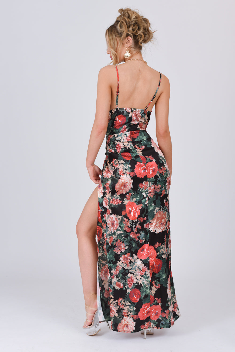 Floral Satin Cowl Neck Maxi Dress Black Floral