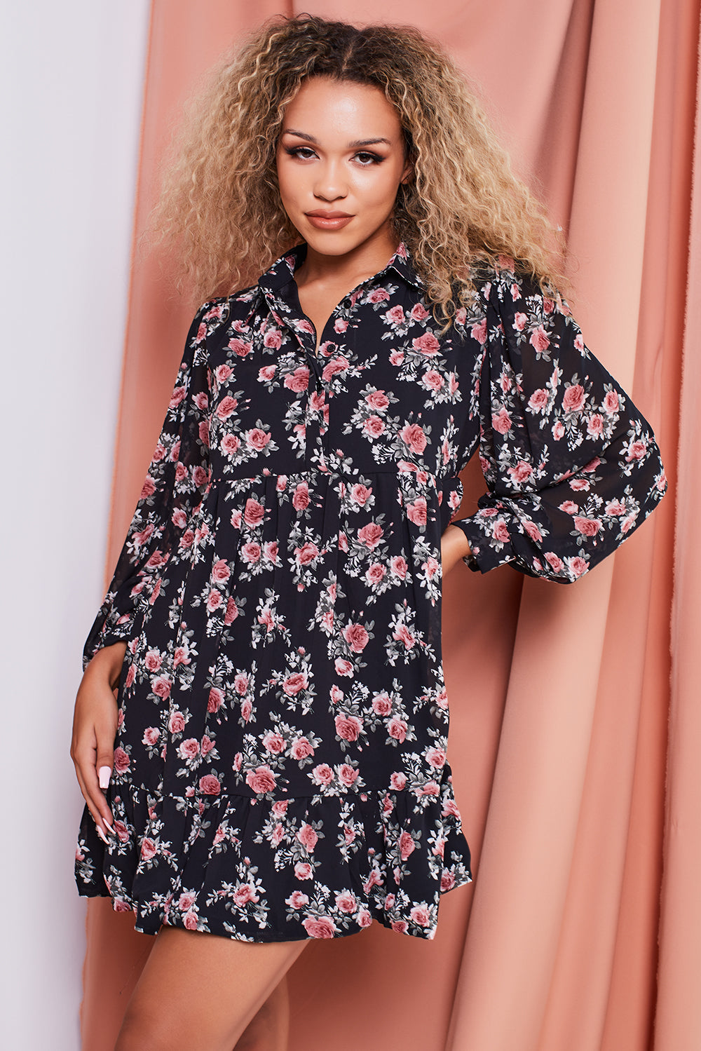 Floral Print Chiffon Balloon Sleeve Smock Dress with Plus Size