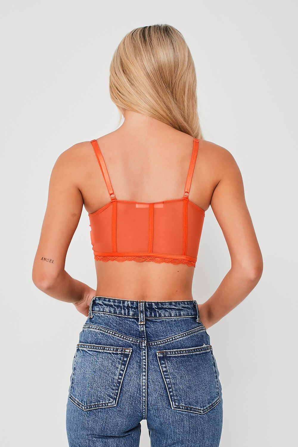 Mesh Cropped Underwired Bralette With Lace Trim Orange