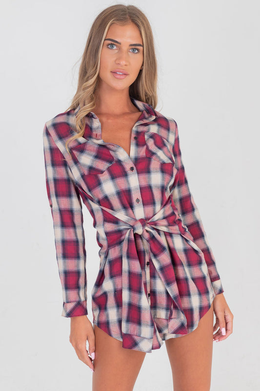 Gingham Mix Match Tie Up Shirt Dress Red