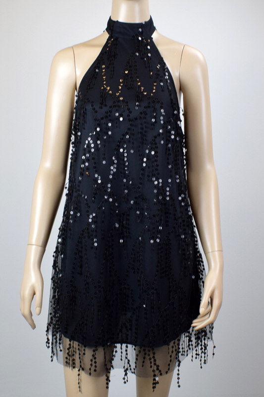 Tassel Sequin Halter Neck Backless Dress Black