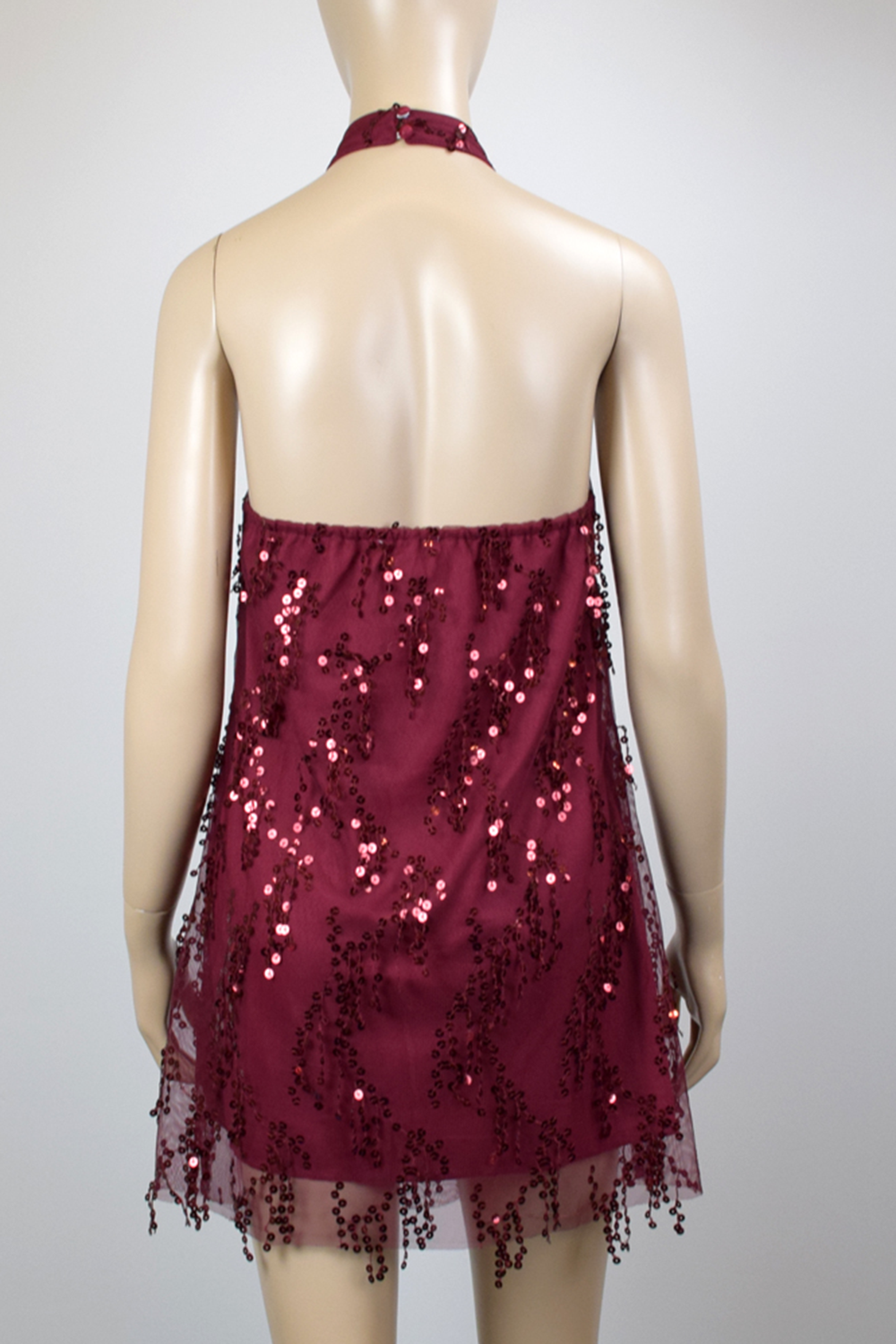 Tassel Sequin Halter Neck Backless Dress Wine