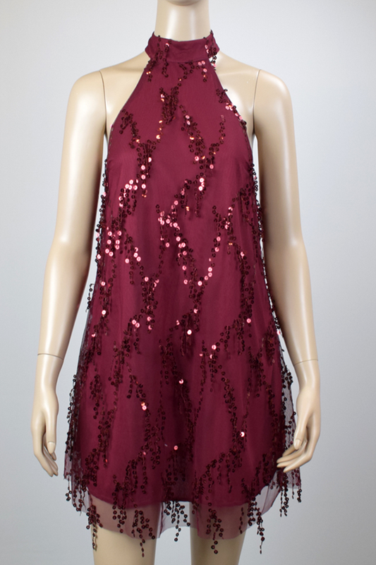 Tassel Sequin Halter Neck Backless Dress Wine